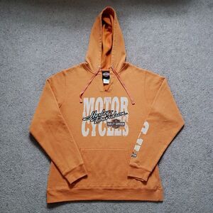 Vintage Harley Davidson Graphic Hoodie Harrisburg PA Split Neck Orange Size L